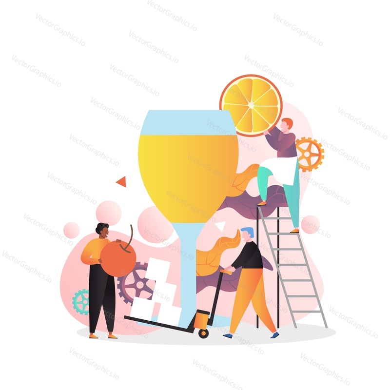 Vector illustration of big glass of bright alcohol drink and tiny characters professional barmen making cocktail with ice, cherry and slice of orange. Cocktail party, alcohol bar.