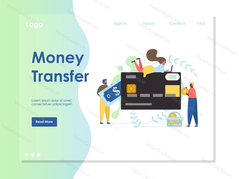 Money transfer vector website template, web page and landing page design for website and mobile site development. Send and receive money online, internet banking concept.