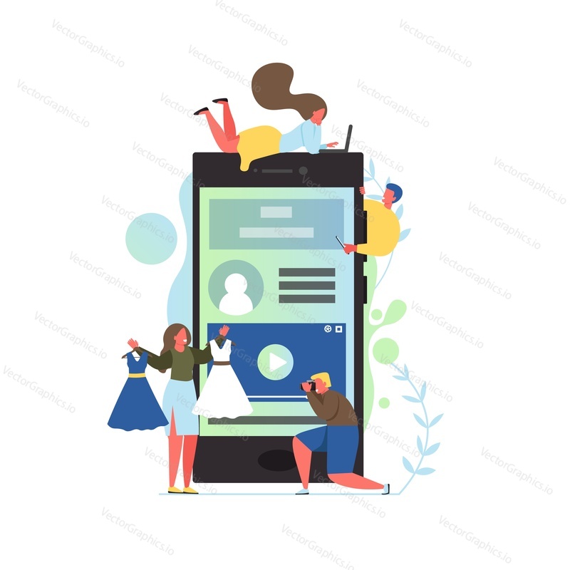 Video blog, vector flat illustration. Big mobile phone and tiny people, young man taking video of girl holding dresses in both hands. Video blogging, vlogging concept for web banner, website page etc.