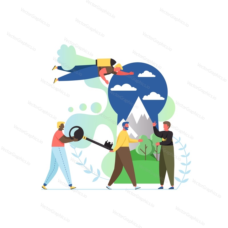 Key of life, vector flat illustration. Tiny people carrying huge key to open and discover nature in big keyhole with sky, mountain and forest inside of it. Exploring and understanding of nature.
