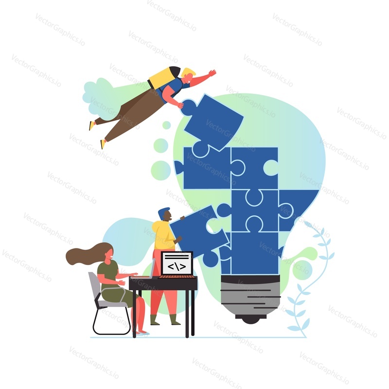 Idea creation, vector flat style design illustration. Tiny business people doing huge light bulb jigsaw puzzle together. Creative process of idea generating, developing, solution collaboration concept