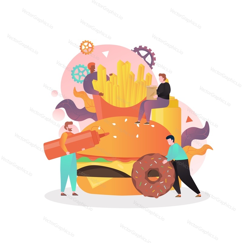 Tiny characters cooking huge hamburger, french fries, donut, vector illustration. Unhealthy junk food, fast food restaurant concept for web banner, website page etc.