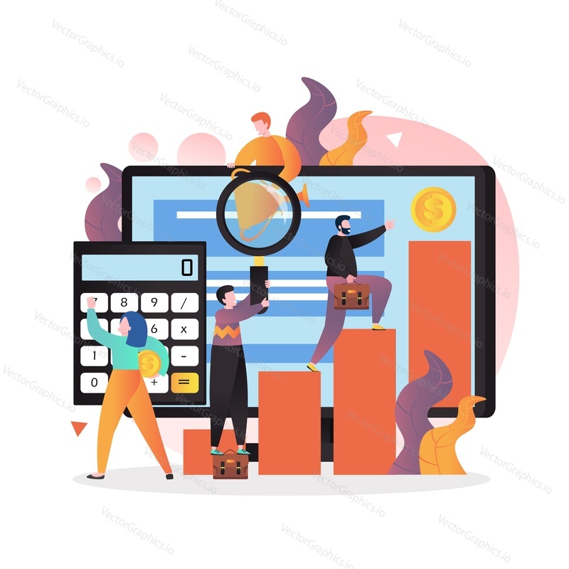 Financial analyst team tiny cartoon characters interacting with big statistical dashboard, making analytics report, vector illustration. Business analysis, audit services concepts for website page etc