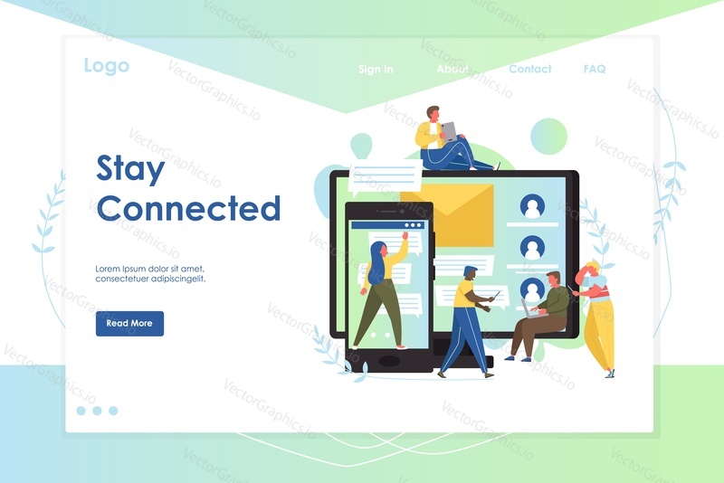 Stay connected vector website template, web page and landing page design for website and mobile site development. SMS texting from mobile phone, computer and tablet concept.