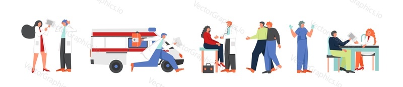 Doctors and sick patients, vector flat illustration isolated on white background. Ambulance service, medical exam, prescription, surgery. Medicine and healthcare concept for web banner, website page.