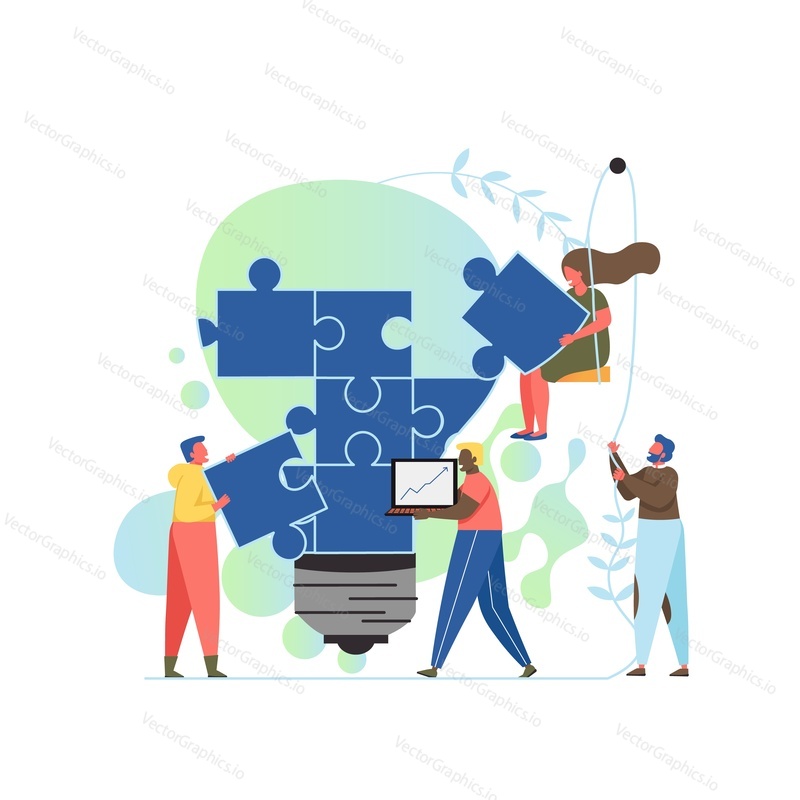 Idea creation, vector flat style design illustration. Tiny business people team putting big light bulb puzzle pieces together. Brainstorming, teamwork, business innovation concept for web banner etc.