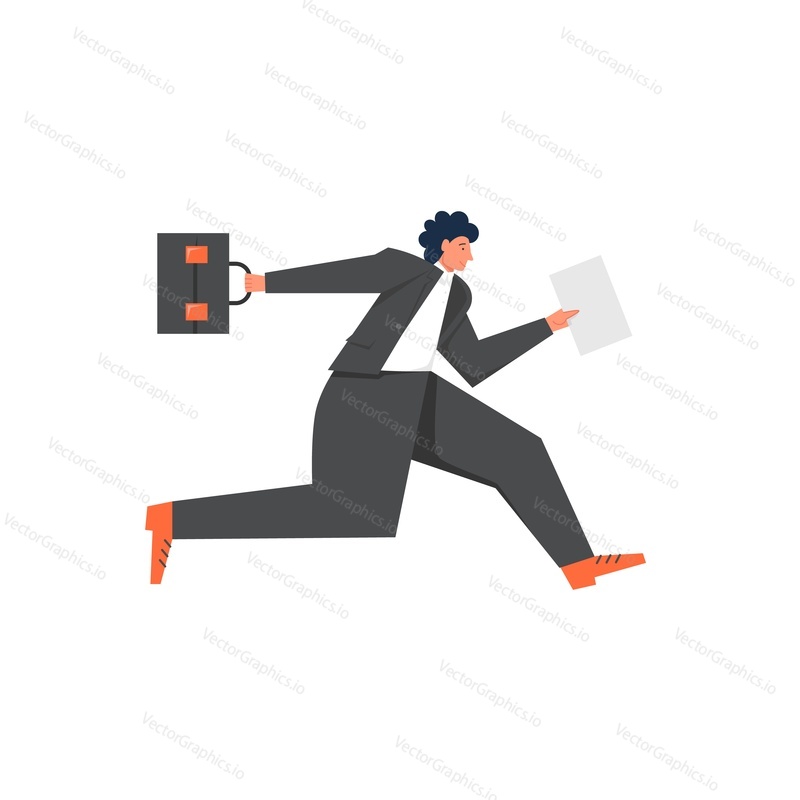 Businessman running to work, vector flat style design illustration. Young man wearing suit, holding briefcase in one hand and document in the other. Business concept for web banner, website page etc.
