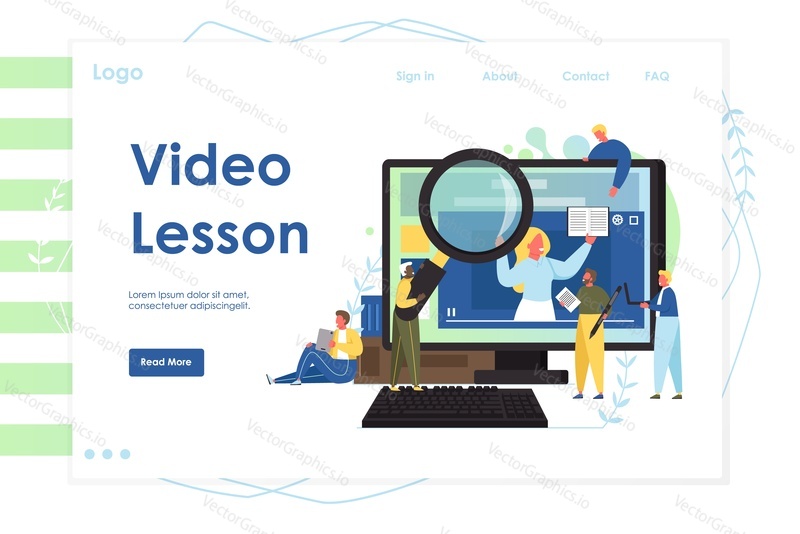 Video lesson vector website template, web page and landing page design for website and mobile site development. Webinar, online conference, distance learning, online course concept.