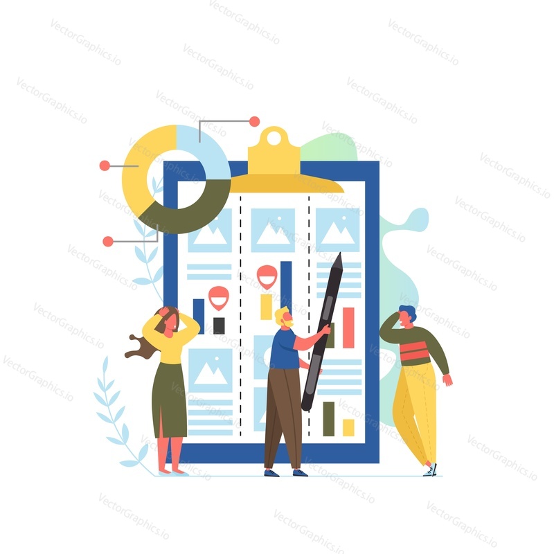Project management, vector flat style design illustration. Big clipboard, tiny people. Planning, control, collaboration, team management and organization process concept for web banner, website page.