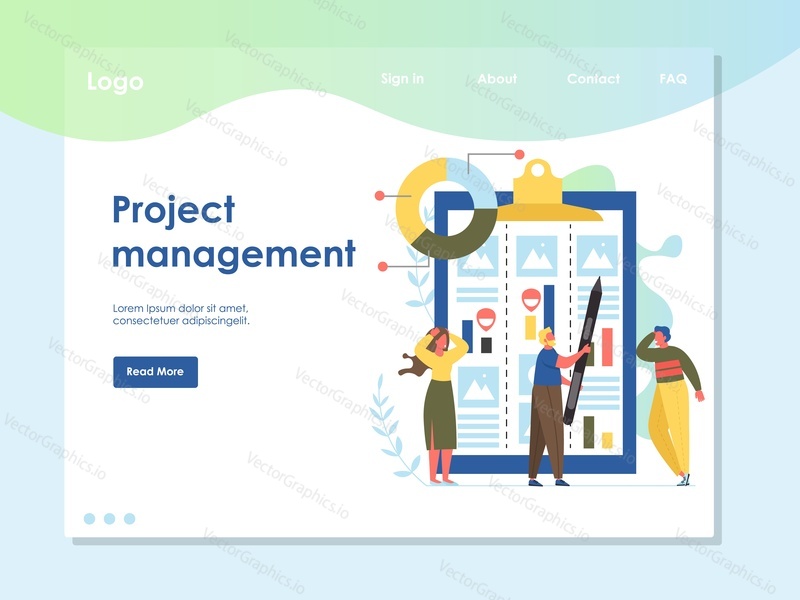 Project management vector website template, web page and landing page design for website and mobile site development. Planning, control, collaboration concept with big clipboard and tiny characters.