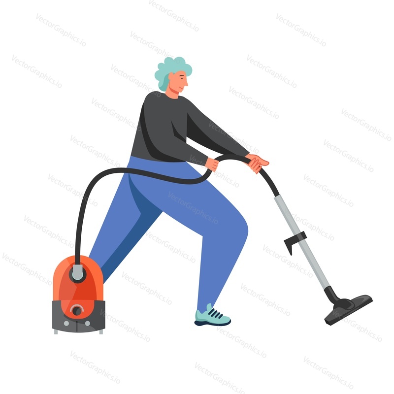 Janitor man hoovering floor with vacuum cleaner, vector flat illustration isolated on white background. Deep home cleaning company service concept for web banner, website page etc.