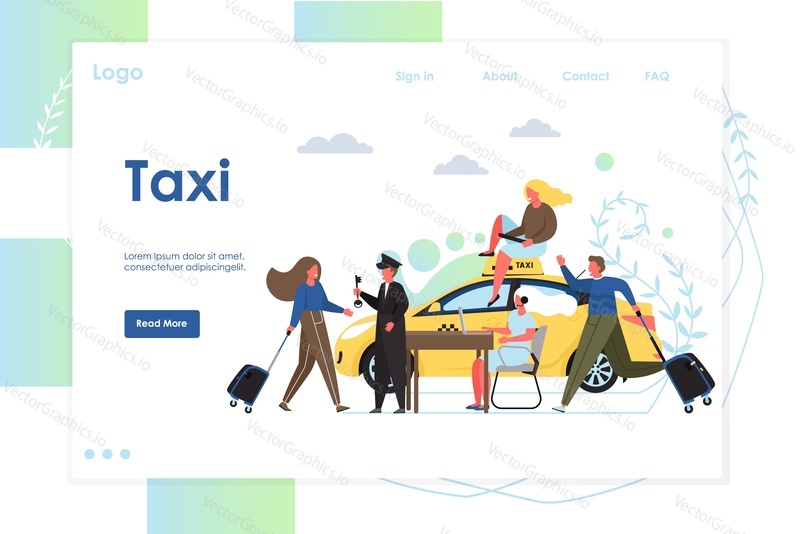 Векторный шаблон веб-сайта такси, дизайн веб-страницы и целевой страницы для разработки веб-сайтов и мобильных сайтов. Службы такси и диспетчерские службы, онлайн-бронирование, концепция программного обеспечения для диспетчеризации такси.
