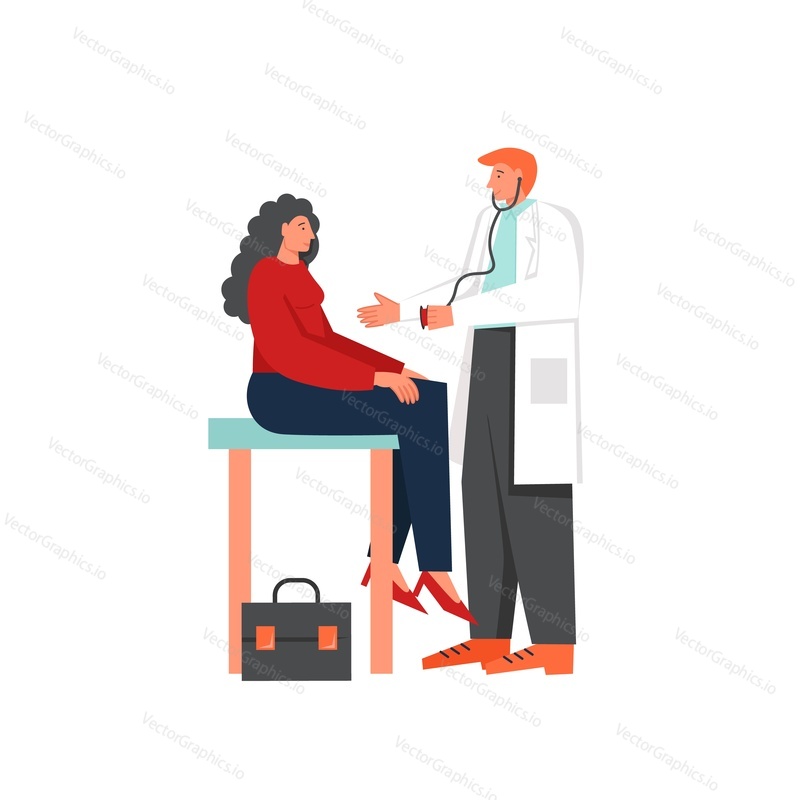 Doctor and patient, vector flat style design illustration. Medical exam, checkup or consultation, medicine and healthcare concept for web banner, website page etc.