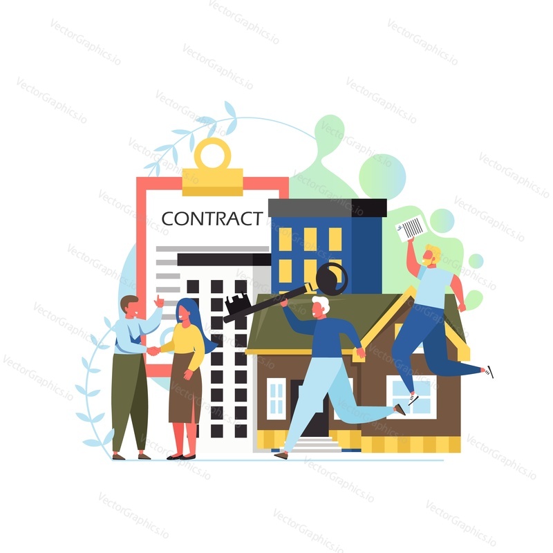 Векторная плоская иллюстрация свойства. Агент по недвижимости и клиентка пожимают друг другу руки, риэлтор отдает ключ покупателю, мужчина с контрактом. Рынок недвижимости, концепция агентских услуг для веб-баннера и т.д.
