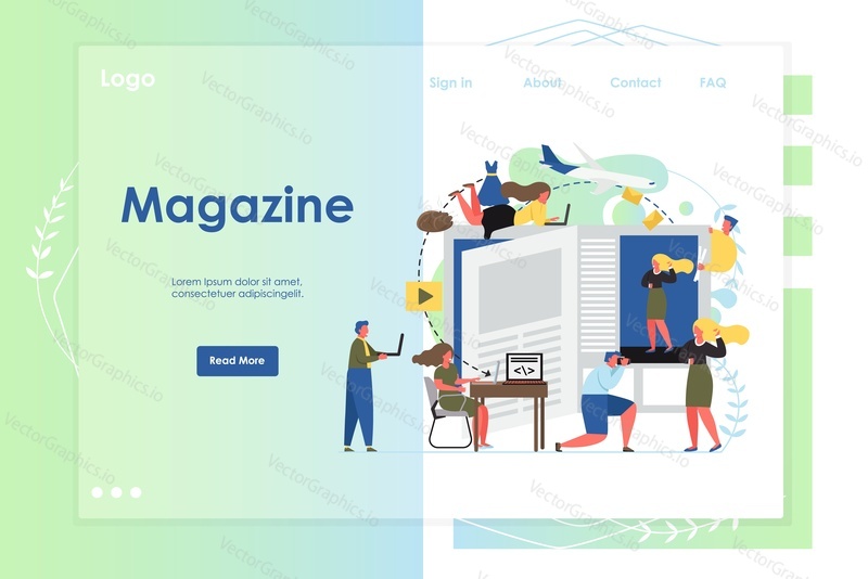 Magazine vector website template, web page and landing page design for website and mobile site development. Magazine reader app concept with professional photographer taking photo of model girl.