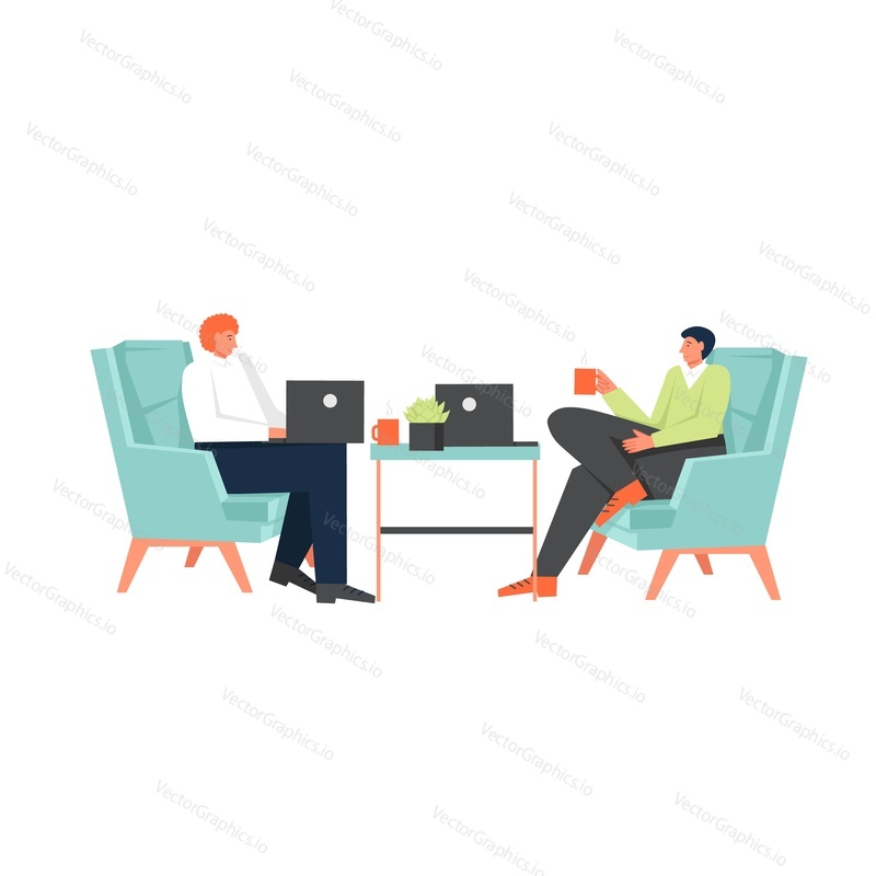 Coworking space with two businessmen sitting at table, vector flat style design illustration. Open work space, coworking center concept for web banner, website page etc.
