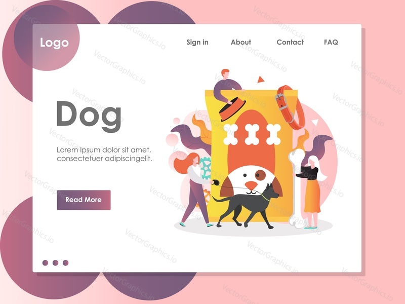Dog vector website template, web page and landing page design for website and mobile site development. Dog care products and supplies for pet shop.