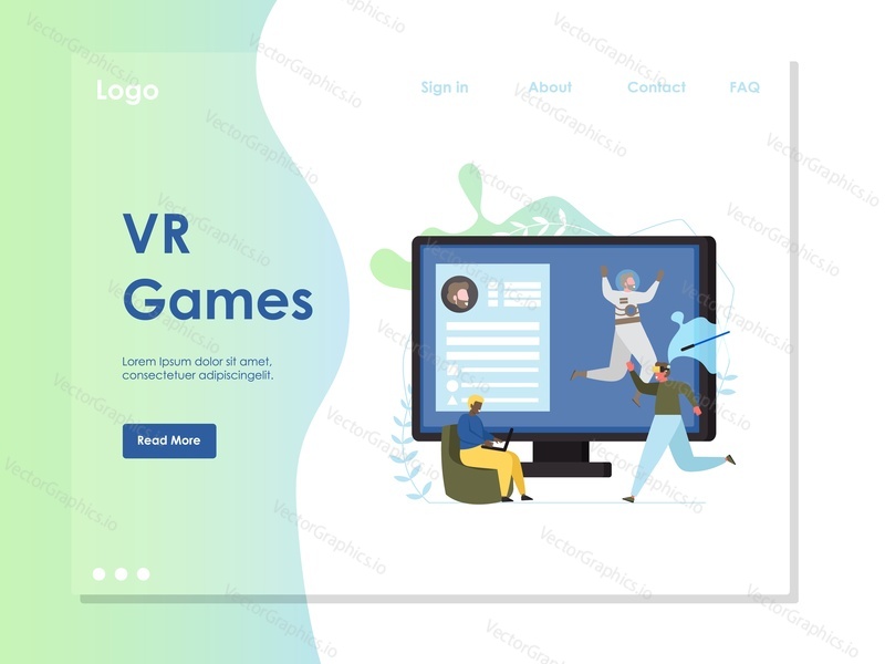 VR games vector website template, web page and landing page design for website and mobile site development. Virtual reality game on pc computer concept.