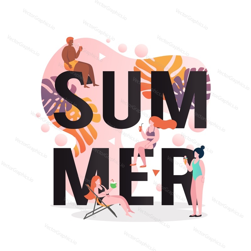 Summer word in capital letters with happy people sunbathing, eating ice cream, drinking cocktail, vector flat illustration. Beach vacation, summertime, travel composition for web banner, website page.