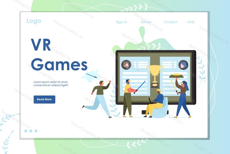 VR games vector website template, web page and landing page design for website and mobile site development. People playing VR games using laptop and vr glasses.