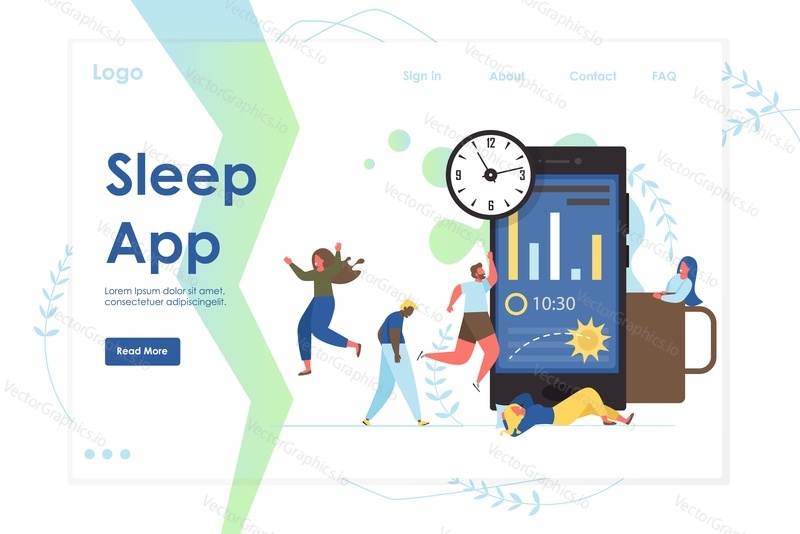 Sleep app vector website template, web page and landing page design for website and mobile site development. Sleep tracker application concept with big smartphone and tiny characters.