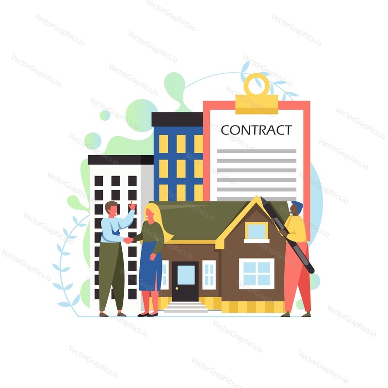 Property vector flat style design illustration. Real estate agent and customer female shaking hands. Purchase, sale or rental of house concept for web banner, website page etc.