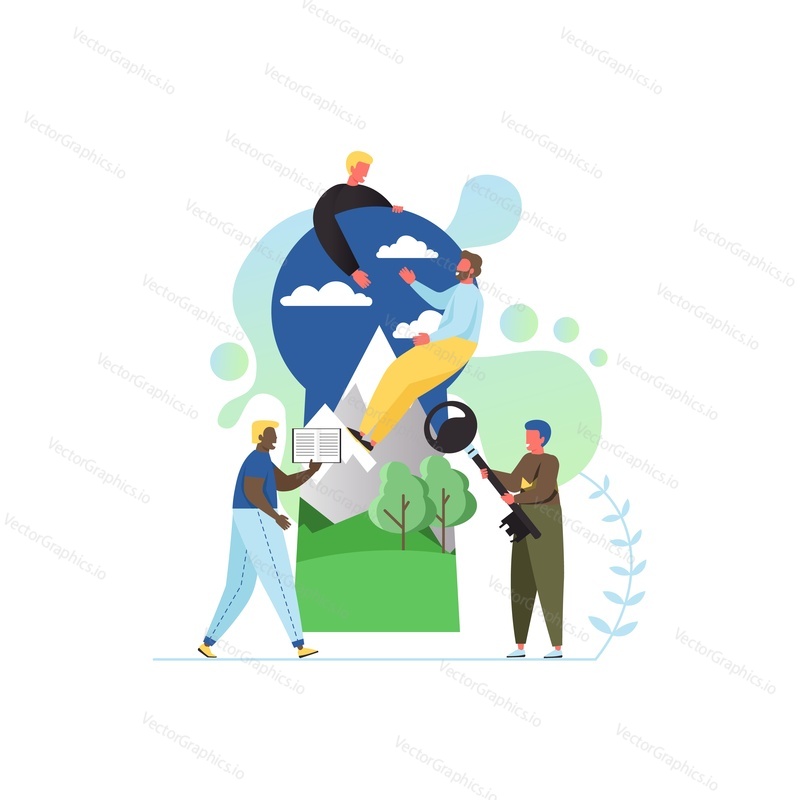 Key of life, vector flat style design illustration. Tiny people holding huge key and book while standing next to big keyhole with nature inside of it. Discovery and study of nature concept.