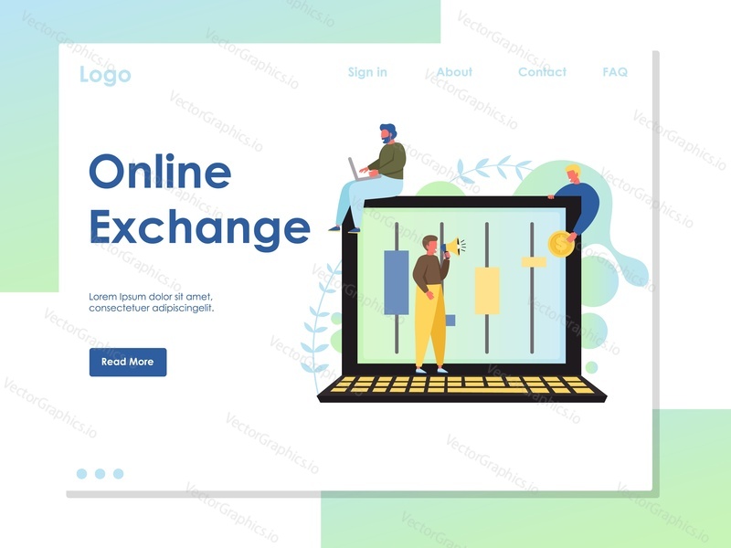 Online exchange vector website template, web page and landing page design for website and mobile site development. Digital stock trading concept.