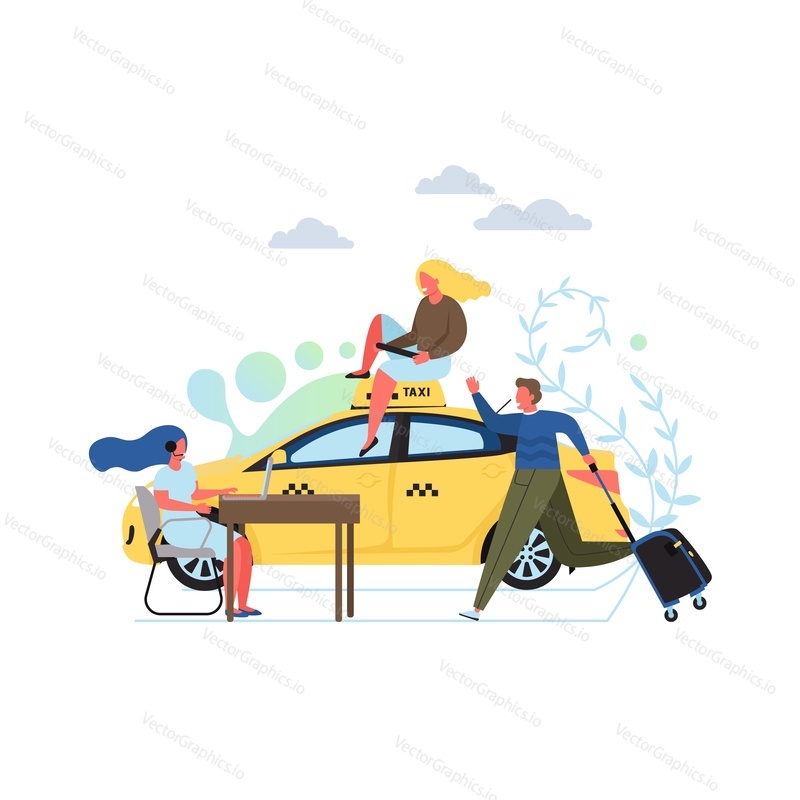Taxi service, vector flat style design illustration. Yellow taxicab, young girl taxi dispatcher sending off cabs to customers, woman using laptop, passenger male with travel bag. Online taxi booking.