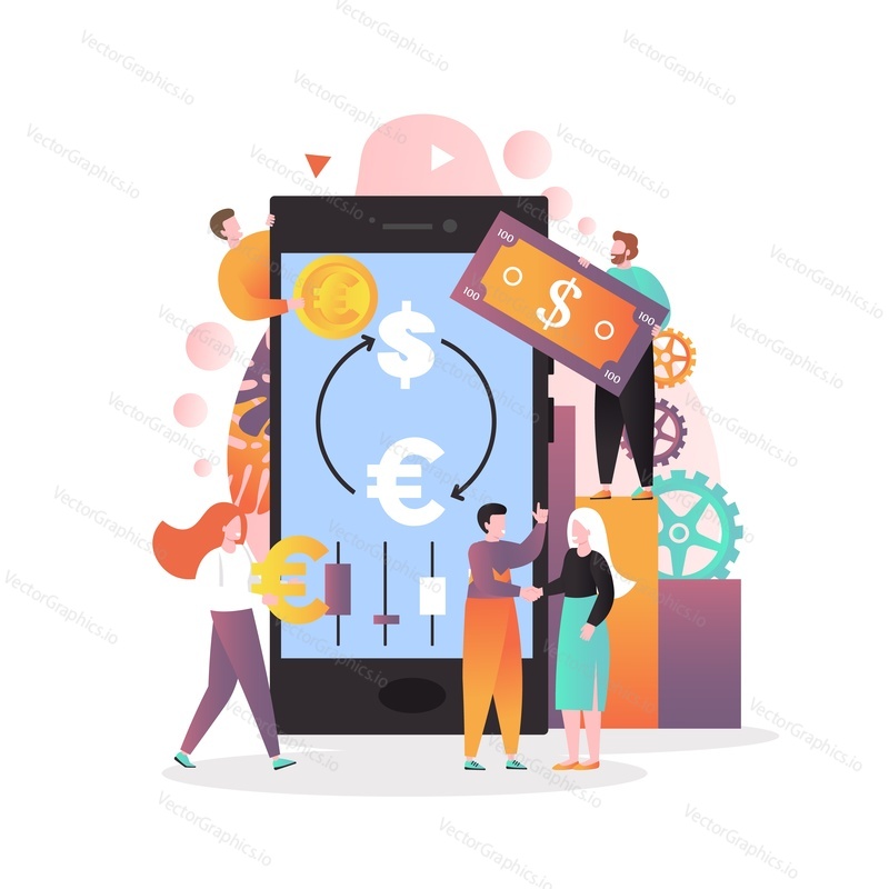 Vector illustration of business people changing US dollars to euros and vice versa using smartphone. Mobile currency exchange service concept for web banner, website page etc.