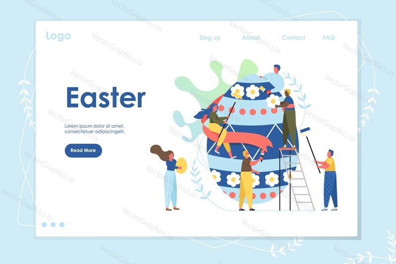 Easter landing page web site template with cartoon characters. Happy family paint easter egg. Vector illustration. Holiday celebration.