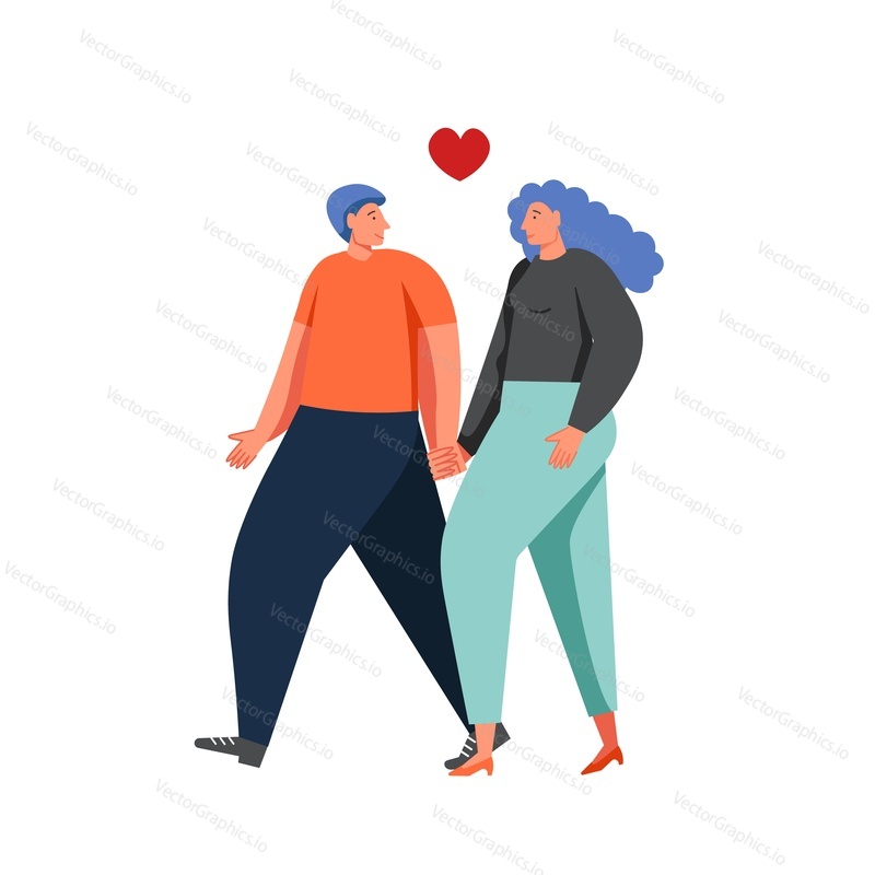Happy couple walking together holding hands, vector flat style design illustration isolated on white background. Family relationship, people in love.