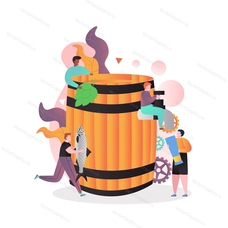 Big wooden barrel and tiny characters young men with dried fish, hop, beer glass, vector illustration. Craft brewery or pub, beer party composition for web banner, website page etc.