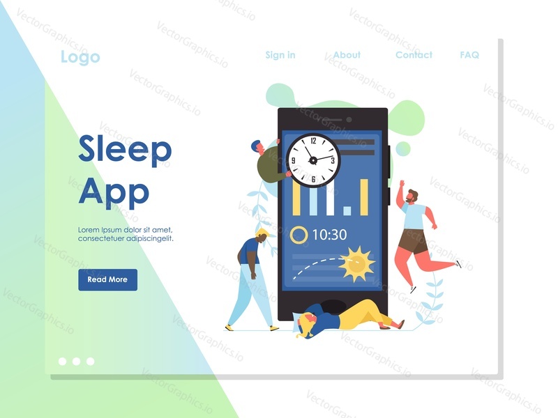 Sleep app vector website template, web page and landing page design for website and mobile site development. Sleep tracker application concept.