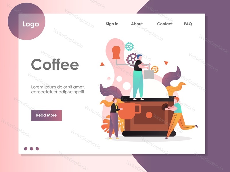 Coffee vector website template, web page and landing page design for website and mobile site development. Coffee shop, coffeehouse composition with barista team grinding coffee beans.