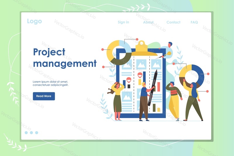 Project management vector website template, web page and landing page design for website and mobile site development. Team management and organization process concept.