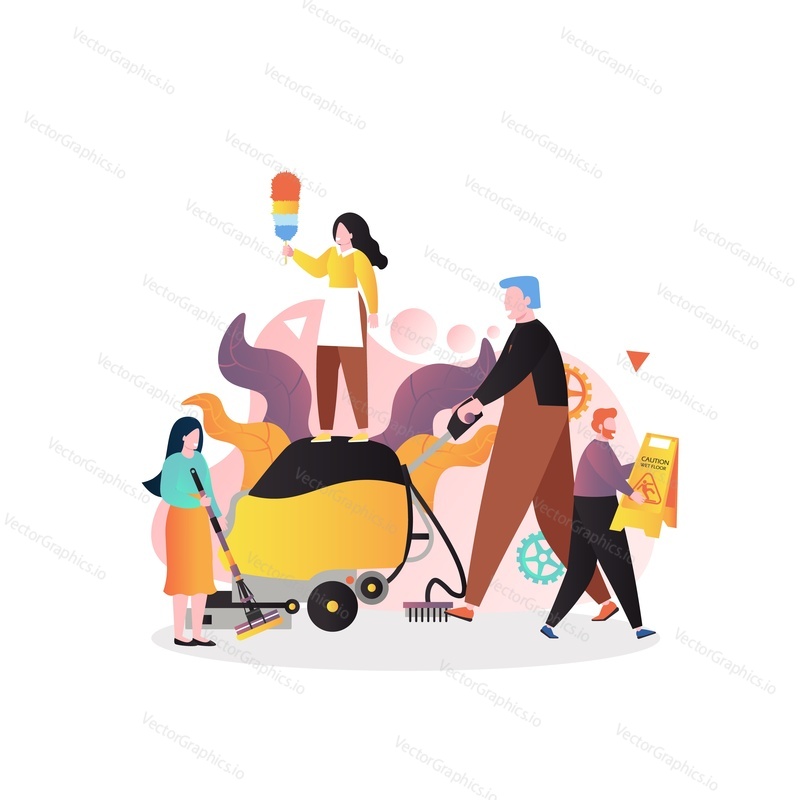 Cleaning company staff with cleaning equipment, vector illustration concept for web banner, website page etc. Spring house cleaning, professional maid service.