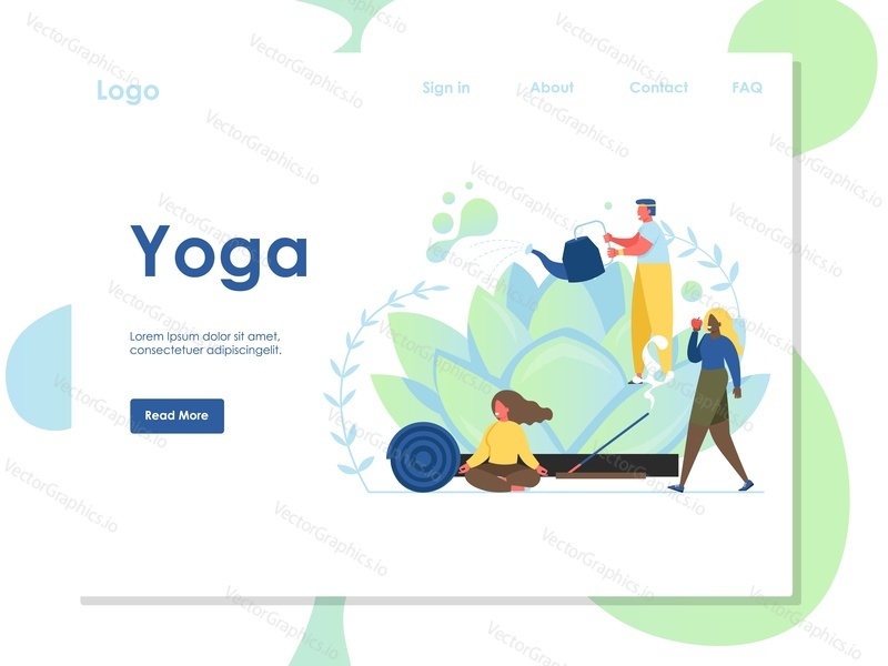 Векторный шаблон веб-сайта Yoga, дизайн веб-страницы и целевой страницы для разработки веб-сайтов и мобильных сайтов. Класс йоги практикует концепцию асаны с большим цветком лотоса и крошечными персонажами.