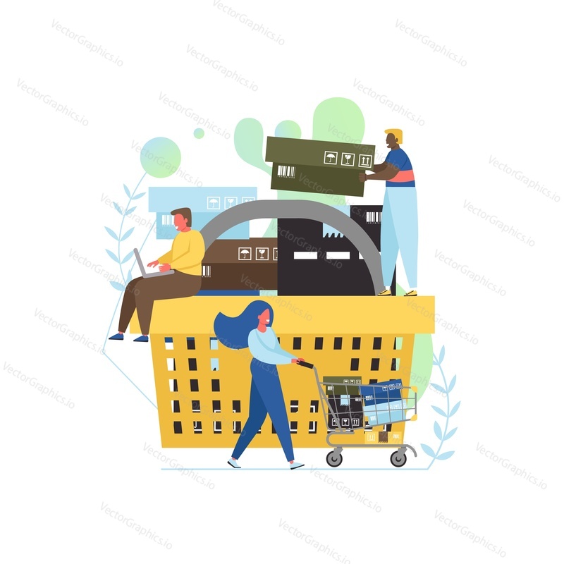 Vector flat illustration of tiny people placing big cardboard boxes into big shopping basket, young woman with shopping cart. Retail, online shopping concept for web banner, website page etc.