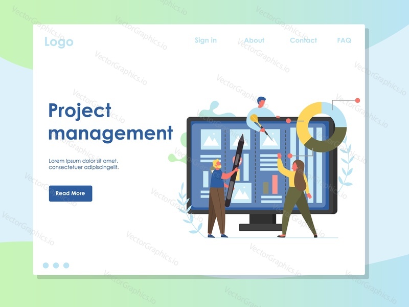 Project management vector website template, web page and landing page design for website and mobile site development. Project management software for teams to plan, track and collaborate online.
