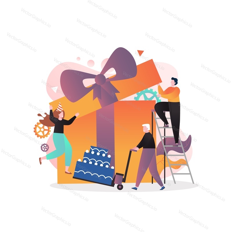 Tiny characters packing birthday cake into big box, vector illustration. Bakery, birthday planning, confectionery composition for web banner, website page etc.