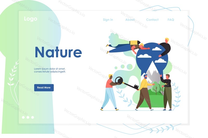 Key of life, vector flat style design illustration. Tiny people holding huge key and book while standing next to big keyhole with nature inside of it. Discovery and study of nature concept.