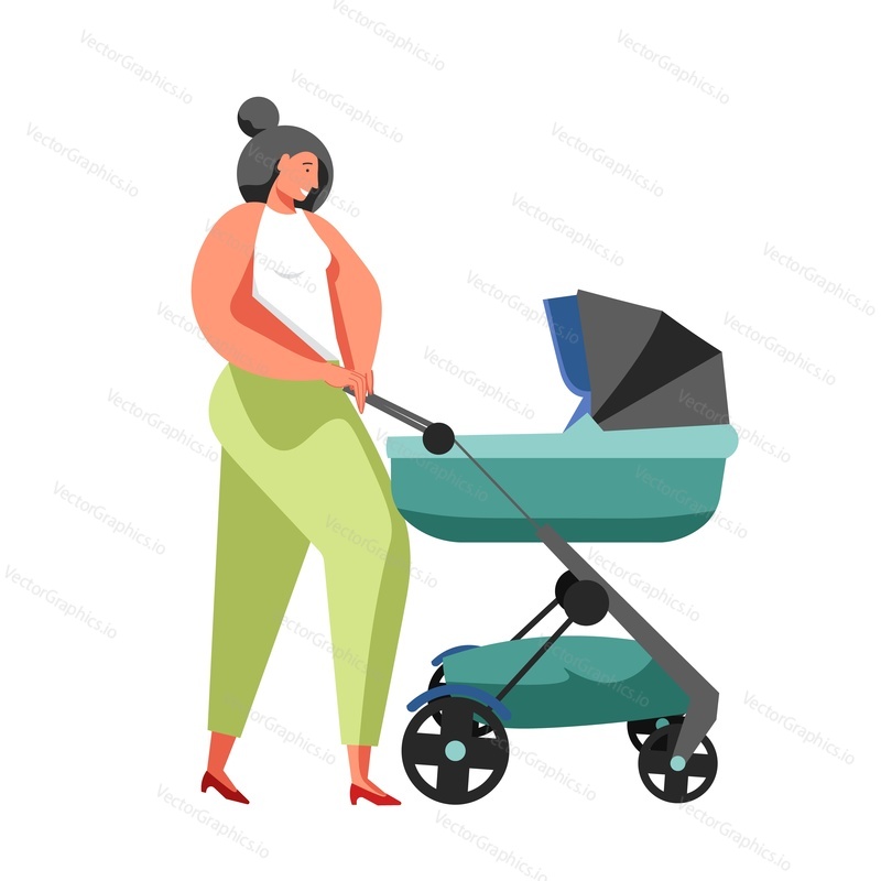 Happy mother pushing baby stroller vector flat style design illustration isolated on white background. Young woman walking with baby in pram. Happy family, motherhood, parenting concept.
