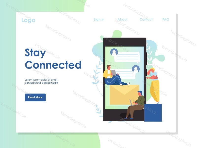 Stay connected vector website template, web page and landing page design for website and mobile site development. Stay in touch, text messaging apps concept.