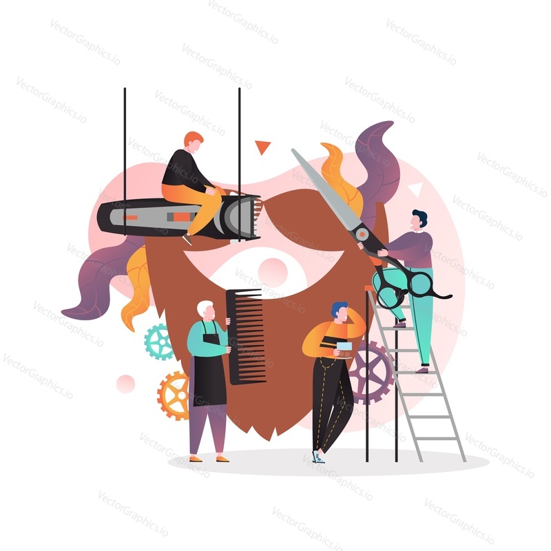 Vector illustration of tiny characters barbers trimming big mustache and beard using hair shaving machine, scissors and comb. Barbershop concept for web banner, website page.
