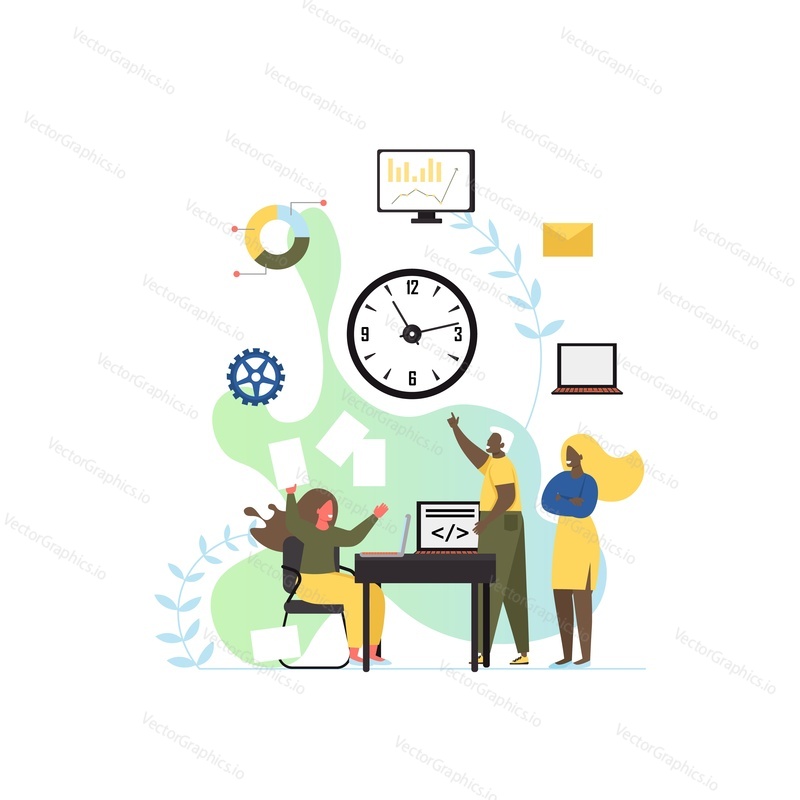 Workspace, vector flat style design illustration. Office workplace with characters working together. Software engineers, programmers workstation, process of coding and programming, team collaboration.