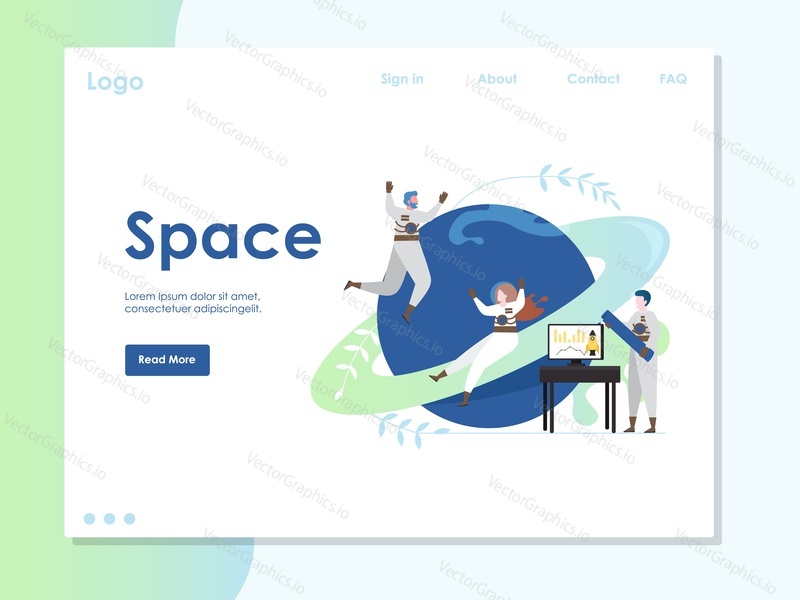 Space vector website template, web page and landing page design for website and mobile site development. Spacewalk, space expedition, travel concept.