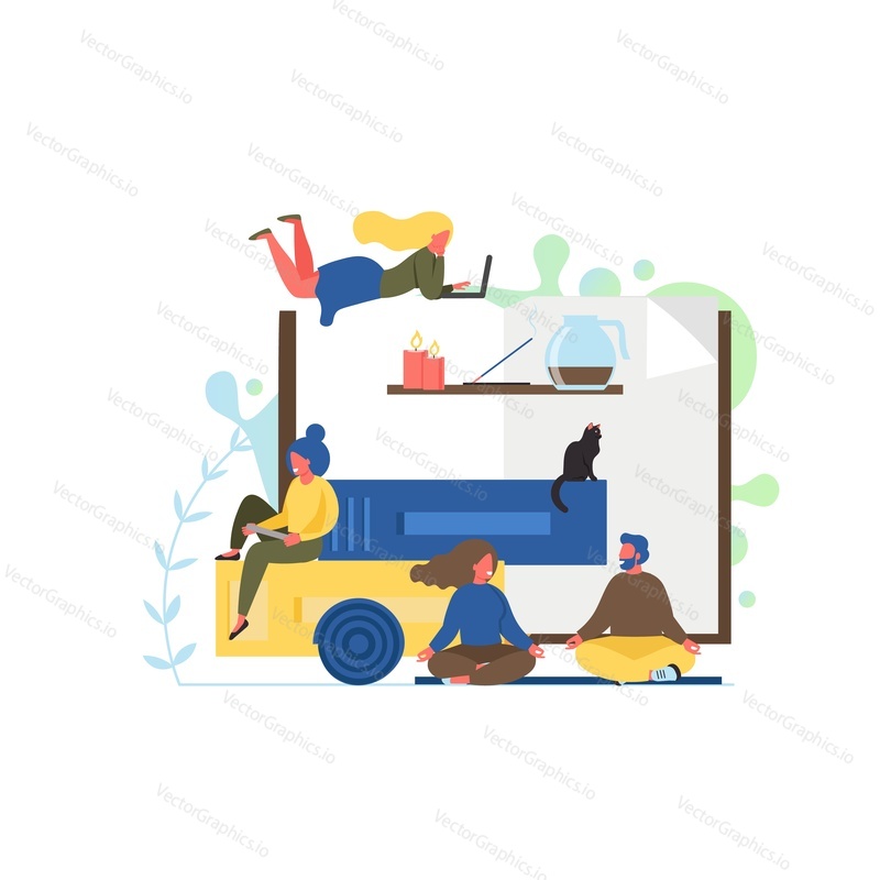 Vector flat illustration of office people man and woman meditating and relaxing in yoga position while sitting cross-legged. Relaxation, meditation, yoga practice concept for web banner, website page.
