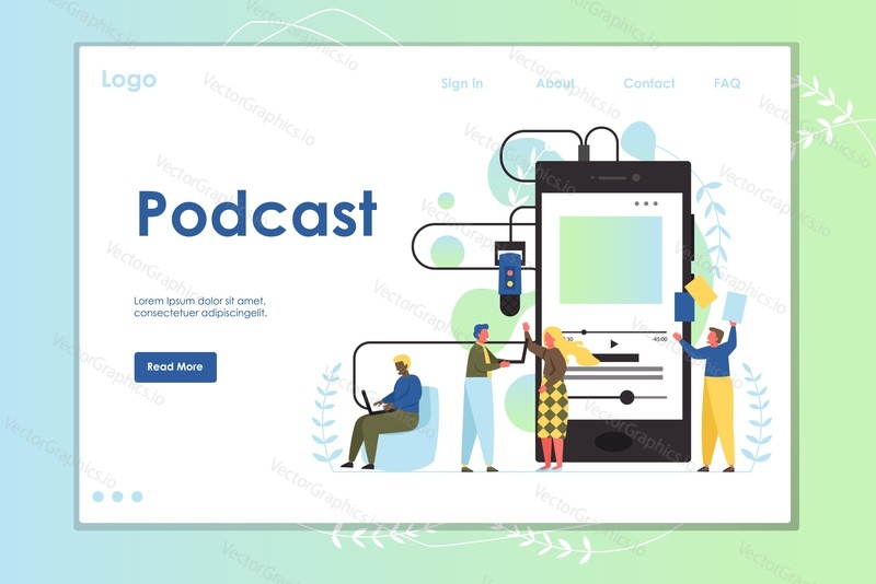 Podcast vector website template, web page and landing page design for website and mobile site development. Audio blog, podcast app for listening to audio programmes, interviews on digital devices.