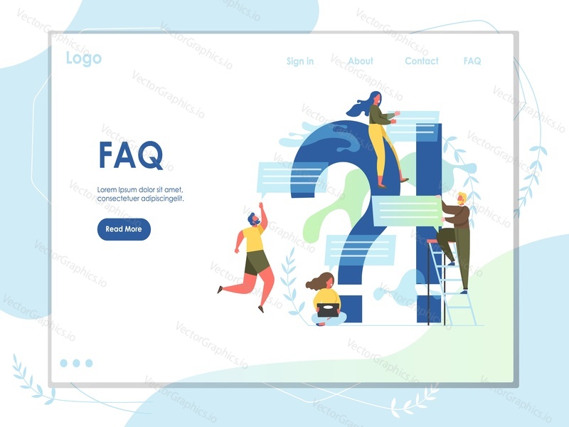 FAQ vector website template, web page and landing page design for website and mobile site development. Frequently asked questions concept with question and exclamation marks people with speech bubbles